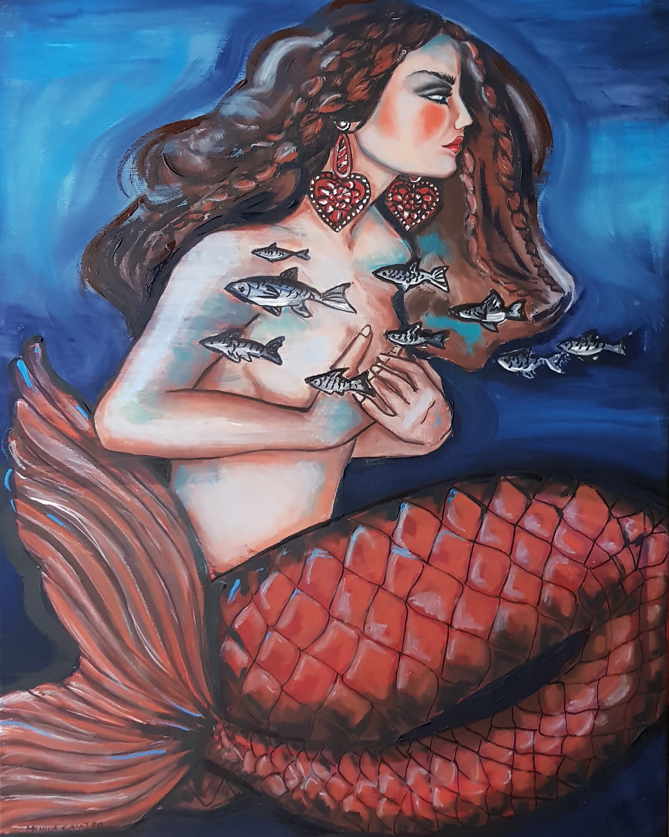 Hand painted Mermaid with red tail
