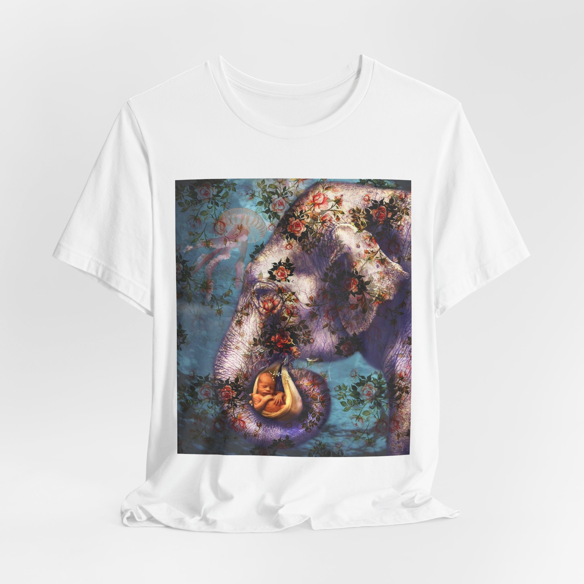 Elephant Mother & Baby T-Shirt — Whimsical Floral Nursery Animal Tee - immagine 4